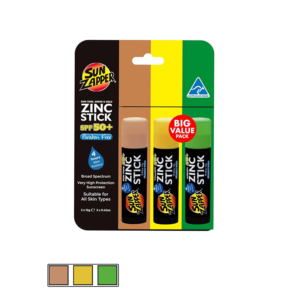 Sun Zapper Zinc Sticks 3 Pack Skin Tone/Green/Gold 50+